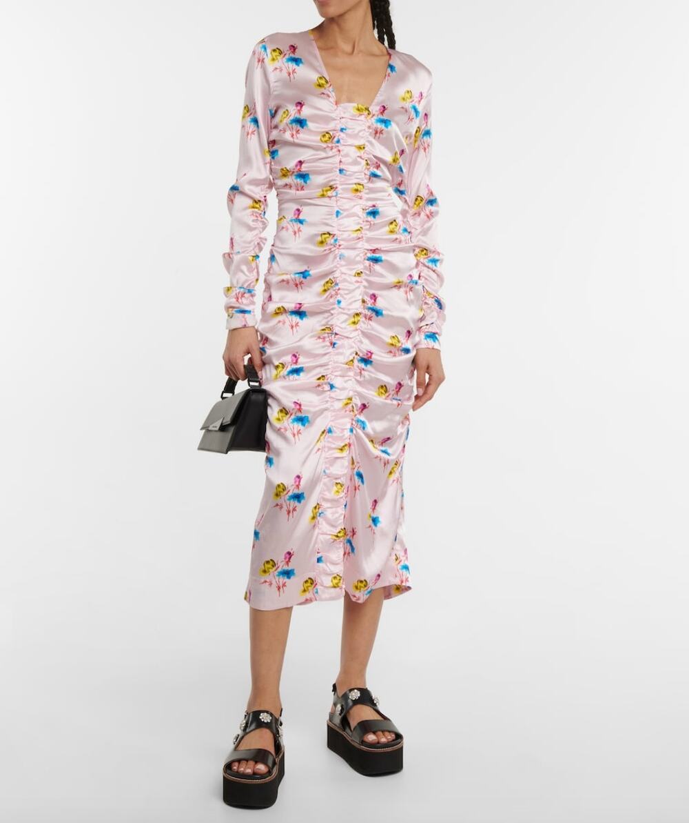 GANNI Ruched Floral Stretch Silk Satin Midi Dress Long Sleeve Baby Pink XS NWT